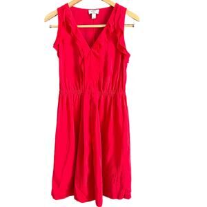 LOFT | Petites Red Silk V Neck Ruffle Trim Sleeveless Dress | Size 6 Petite